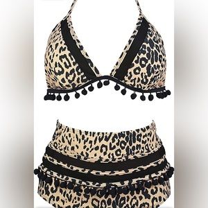 COCOSHIP Women's Mesh Striped High Waist Bikini Set Tassel Trim Top Halter